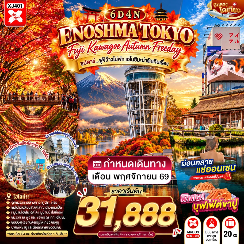 ทัวร์ญี่ปุ่น TOKYO FUJI KAWAGOE ENOSHIMA AUTUMN FREEDAY ซุปตาร์…ฟูจิว้าวไม่พัก เอโนชิมะน่ารักเกินเรื่อง 6วัน 4คืน (XJ)