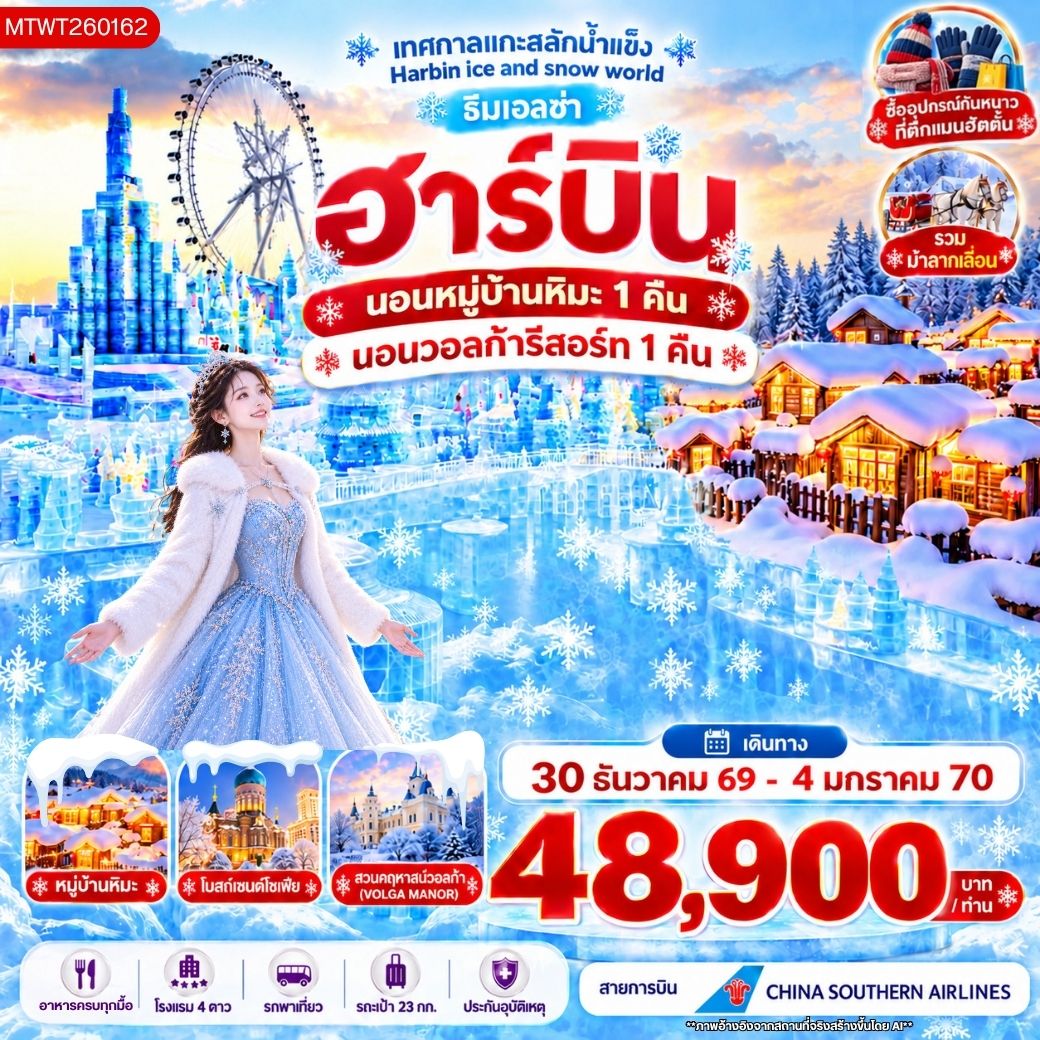 ทัวร์จีน ฮาร์บิน นอนในหมู่บ้านหิมะ 1 คืน นอนในวอลก้ารีสอร์ 1 คืน  รวมบัตรแกะสลักน้ำแข็ง Harbin ice and snow world ธีมเอลซ่า 6วัน 5คืน (CZ)